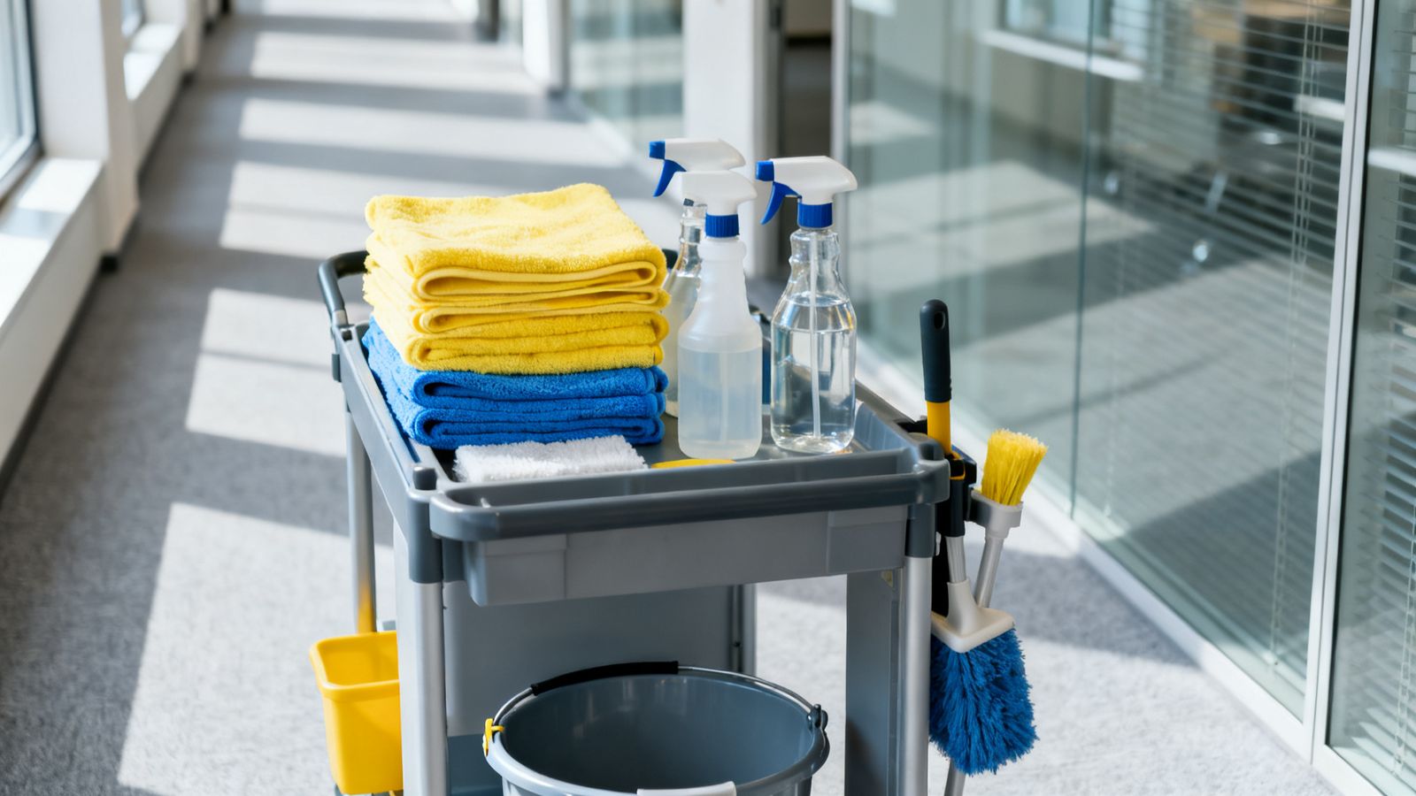 Reinigungskraft im Büro nach Feierabend als Sinnbild für die Kostenfrage der Büroreinigung