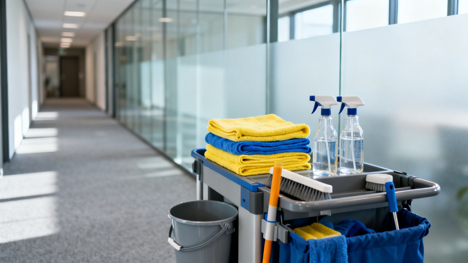 Ökologische Reinigungsmittel und Mikrofasertücher als Sinnbild für nachhaltige Büroreinigung