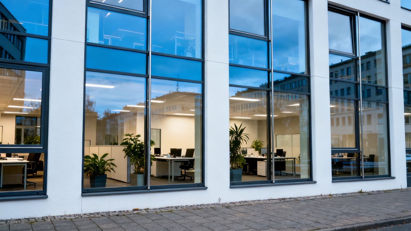 Streifenfrei gereinigte Glasfassade eines Gebäudes in Hannover
