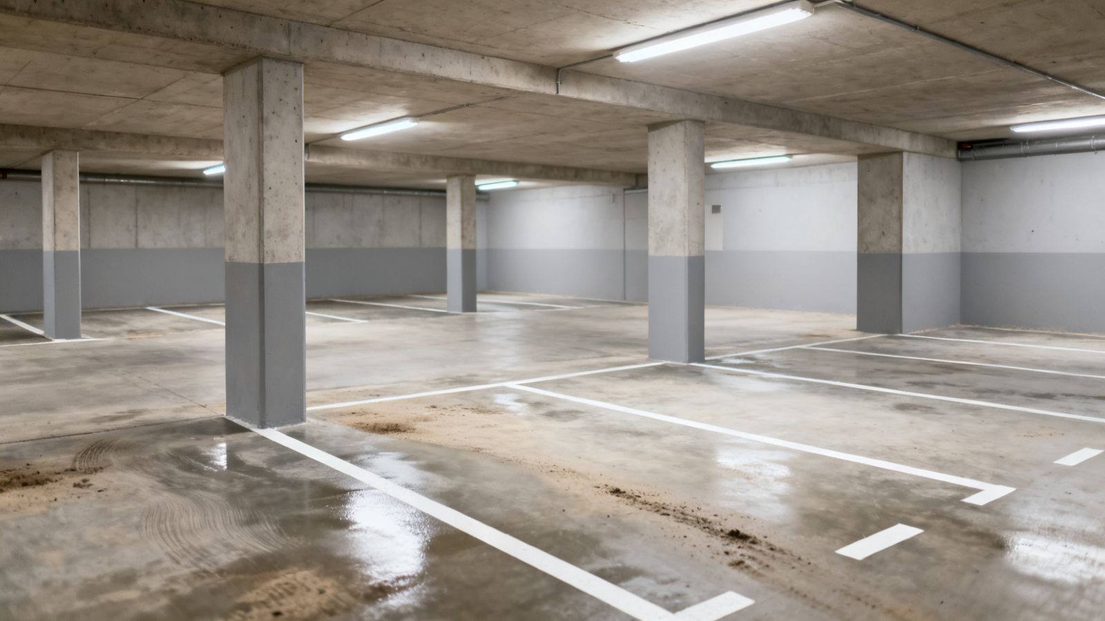 Saubere, helle Tiefgarage mit frei gelegten Bodenmarkierungen nach der maschinellen Reinigung in Hannover