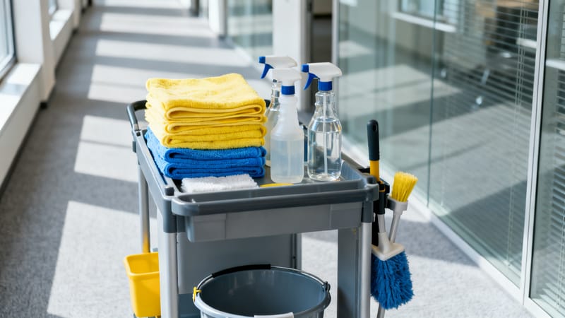 Sanitärraum, Teeküche und IT-Arbeitsplatz als Sinnbild für die verschiedenen Bereiche der Büroreinigung