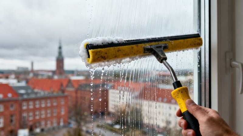 Reinigung hoher Fenster mit Teleskoptechnik vom Boden aus in Hannover