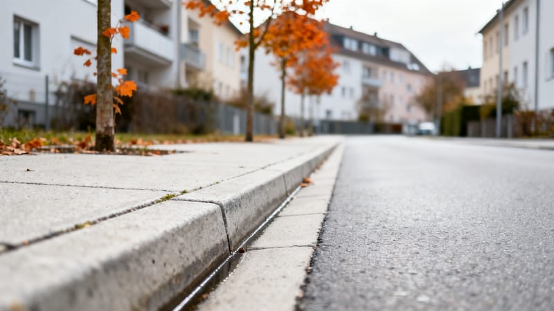 Reinigungskraft kehrt Laub von einem Gehweg vor einem Wohngebäude in Hannover