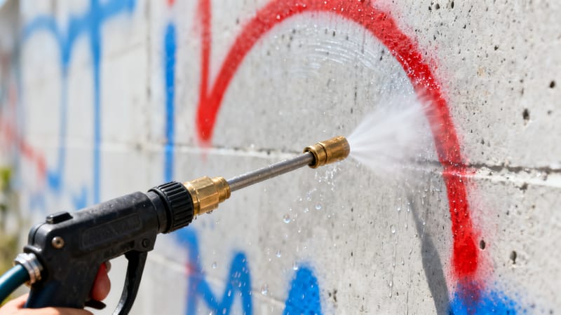 Fassade während der Graffitientfernung, bei der Reinigungs- und Instandsetzungsanteil getrennt zu bewerten sind