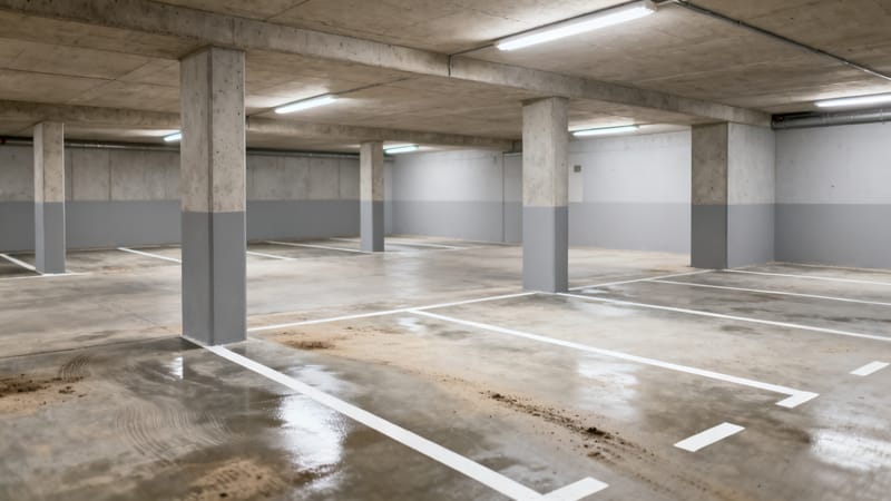Saubere, helle Tiefgarage mit frei gelegten Bodenmarkierungen nach der maschinellen Reinigung in Hannover