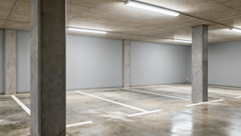 Saubere, helle Tiefgarage mit klaren Bodenmarkierungen und Stellplätzen in Hannover