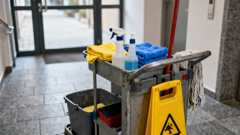 Reinigungskraft wischt den Etagenflur vor den Wohnungstüren in einer Wohnanlage in Hannover