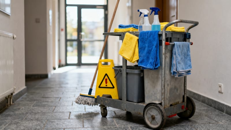 Sauberer Aufzugvorraum mit gewischtem Boden und gereinigten Glasflächen in einer Wohnanlage in Hannover